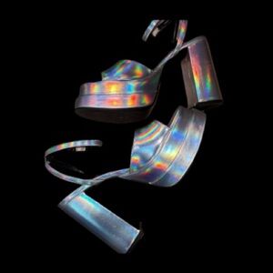 ❦ Y2K Holographic Silver Stacked Platform Heels